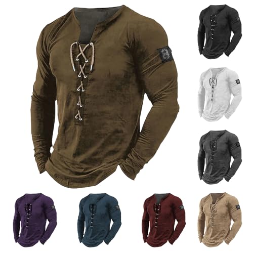 Mens Henley Shirts Vintage Long Sleeve Lace Up Pullover Solid Casual Slim Fit Muscle T-Shirt Beach Tactical Basic Tops2