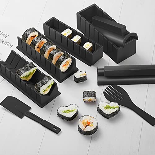 SKYSER Sushi Maker set, 20 Artikel Kit für Anfänger zum selber machen, Kann als Sushiteller verwendet werden mit Reis Roll Formen, Gabel, Messer, Rolling Matte, Stäbchen, Komplett(Schwarz) 3