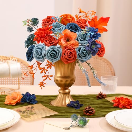 Kisflower orange-blue Artificial Flower Combo Fake Rose Faux Dahlia Flowers with Stems for DIY Wedding Bridal Bouquet Party Home Decorations - Image 4