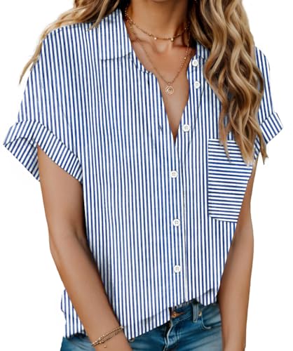 Hotouch Bluse Damen Baumwolle Hemdbluse Kurzarm Hemd V-Ausschnitt Button-Down Leinenbluse Elegant Blusenshirt Revers Kragen Büroblusen Einfarbig Oberteile Basic Leinen Shirt Blauer Streifen L