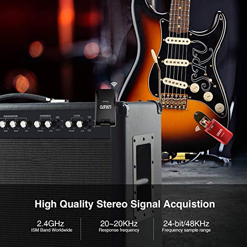 LEKATO 2.4GHz Wireless Guitar System 6 Channels Rechargeable Audio Wireless Transmitter Receiver for Guitar Bass Electric Instruments, Stereo and Mono 1/4” & 1/8” 2 in 1 Plugs (Black&Red) - Image 5
