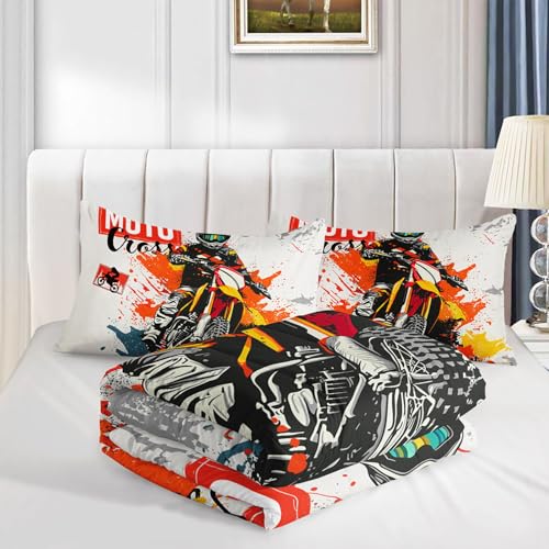 Image of Motocross Comforter Set Extreme Sports Printed Bedding Set with 1 Comforter and 2 Pillowcases for Boys and Girls Bedroom All Season(Motocross Full)