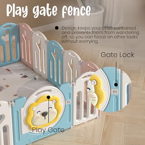 Image of 46 Sq Ft Extra Large Baby Playpen | Lion-Themed 20-Panel Play Yard with Soft Mat & Basketball Hoop | Indoor /Outdoor Toddler Fence | Blue-Pink-White | ISO & CE Certified