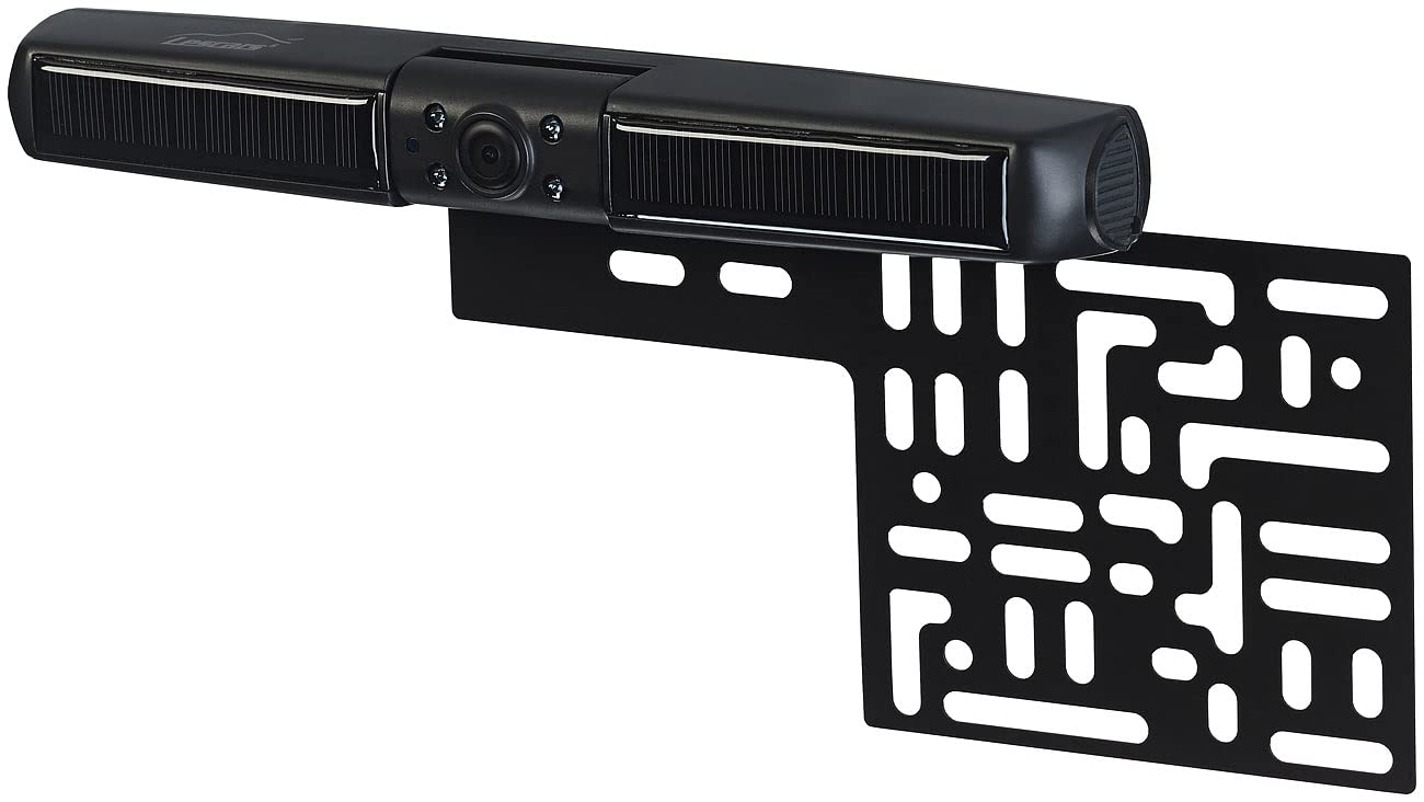 Lescars Frontkamera Auto: Solar-Funk-Front- und Rückfahrkamera mit Full HD und 5" Monitor (Einparkhilfe vorne, Kabellose Rückfahrkamera, IP)