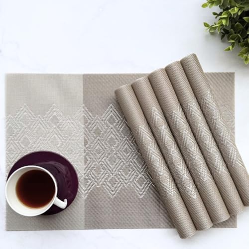 Image of Livmodern Premium PVC Dining Table Mats for 6 Seater| Woven PVC Mats | Moderate Heat Resistant Table Mats| Wipeable & Washable Set of 6 - Earthy Lattice