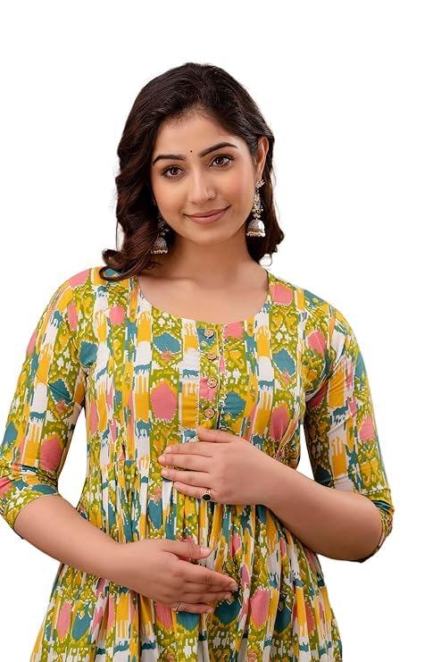 Image of Women's Pure Cotton All Over Printed Maternity Feeding Kurti | All Over Print Maternity Gown