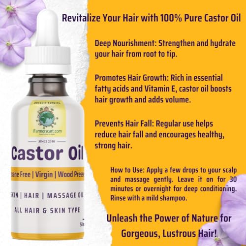 Image of Wood Pressed Castor Oil -50 ML Glass Dropper | Pure Cold-Pressed Arandi Oil | Edible Grade | Hair Growth, Skin Care, Eyelashes, Nails | Native Castor Seeds from Tamil Nadu | 100% Natural by Farmers Society (50 ML)