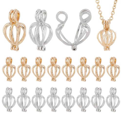 PH PandaHall 20pcs Pearl Cages Beads Holder Gemstone Cage Charm Hollow Cage Locker for 10mm Pearls Alloy Cage Pendants for Necklace Earrings Jewellery Making 0.85x0.5x0.4 inch Platimun & Golden