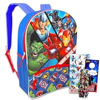 Marvel Avengers 16\u201D Backpack School Supplies For Boys, Kids - 3 Pc Bundle With School Bag, Superhero Stickers, Bookmark, and Beach Kids Door Hanger | Avengers Travel Bag