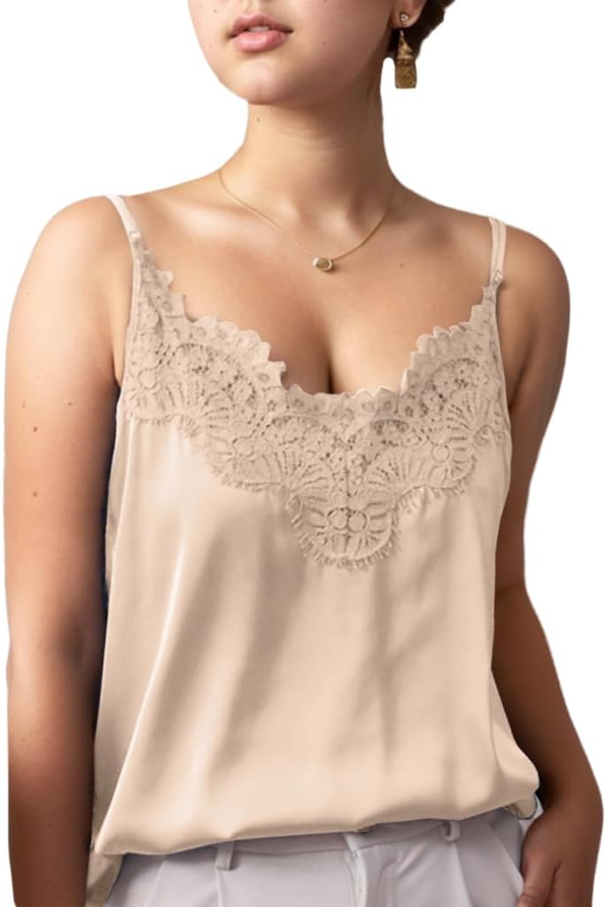 Silk Camisole Tops for Women, Sexy V-Neck Silk Satin Tank Tops Lace Trimmed Camisole