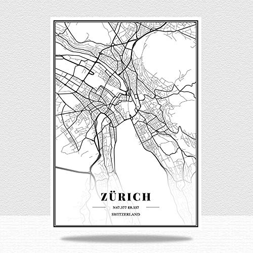 QYQMYK Schweiz Zürich Stadtkarte Leinwand Bilder,Groß Wohnzimmer Schwarz Weiss Modern Poster Minimalistische Wohnkultur Malerei Schlafzimmer Dekor Ohne Rahmen,30X40Cm/11.81X15.74 In Cover