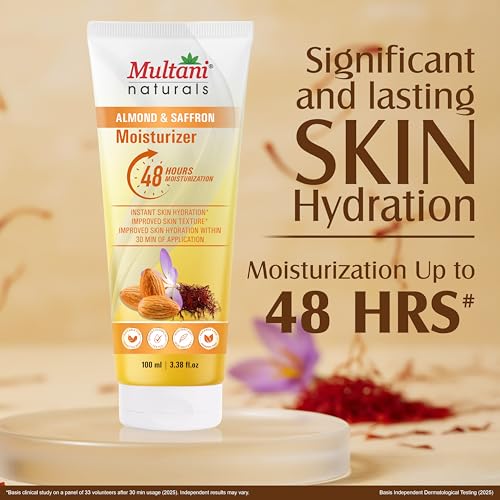 Image of Multani Naturals Moisturizer Almond & Saffron (100 ml) Face & Body | Dermatologically Tested | 48-Hours Moisturization & Skin Brightening | Ayurvedic Formula with Shea Butter & Kokum Butter | Non-Greasy & Paraben-Free | for All Skin Types