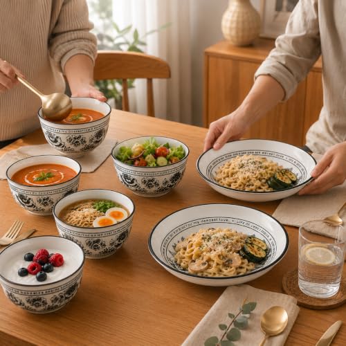 Image of 6-Piece Ceramic Dinner Set, 2 Plates & 4 Bowls, Microwave Safe, Dishwasher Safe, Floral Dinnerware (Grey + White Floral, 2 Plate & 4 Bowl Set)