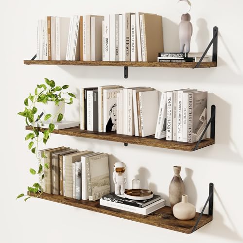 Feihorrm 3er Set Bücherregal, 90cm Bücherregal Wand, Wandregal Holz, Regal Wand, Vintage Braun Wandregal, Bücherregal Holz für Wohnzimmer, Schlafzimmer & Arbeitszimmer