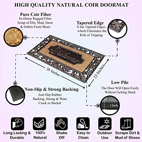 A1Hc Natural Coir And Rubber Door Mat, 38X23, Thick Durable Doormats For Indoor Outdoor Entrance, Heavy Duty, Thin Profile Door Mat, Easy To Clean, Long Lasting, Front Door Entry Doormat #TOP5