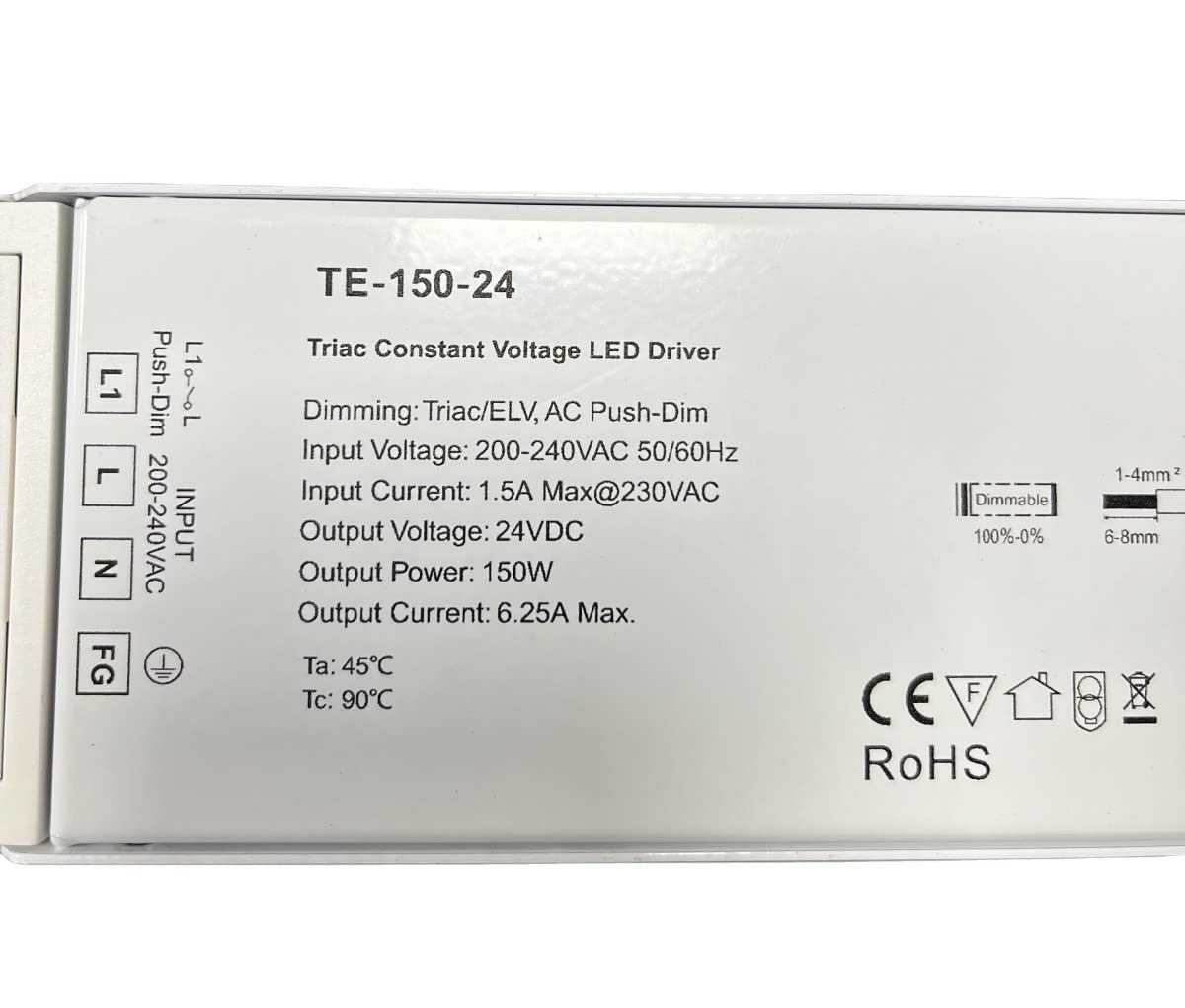 Trasformatore Alimentatore Dimmerabile 24V 150W, Dimmerabile Con Triac Dimmer Varialuce Su 220V + Pulsante Nornalmente Aperto (Push Dimmer), Per Striscia Led 24V