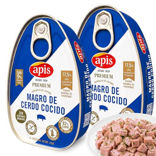 Magro de cerdo cocido Apis, Alto porcentaje en proteínas (17,5%) y sólo un 9% de materia grasa, Sin azucares añadidos, Sin Gluten, Sin lactosa, Contiene 2 Latas de 200 gr