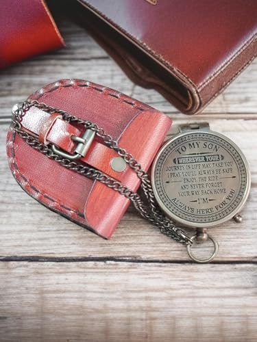 Brújula de latón grabada con cita inspiradora - Brújula de bolsillo vintage con estuche de cuero - Regalo para hijo de papá o mamá para cumpleaños, graduación, despliegue, Navidad - Recuerdo para hijo miniatura 7