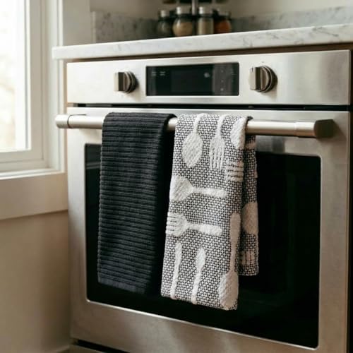 Image of Set of 3 Kitchen Towels, Ultra-Absorbent Cotton Hand Towels, 18 x 28 Inch Vintage Modern Black & White Cutlery Pattern Dish Towel Oeko-TEX Certified
