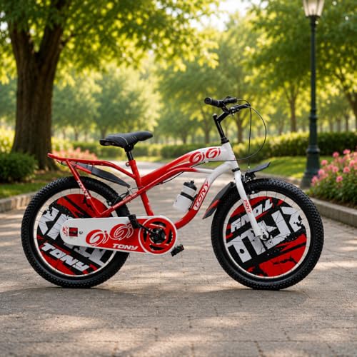 Image of Tony RAW Bicycles Gigi Sports BMX Single Speed Steel Frame 20T Bicycle Cycle for Kids 7 to 10 Years Boys & Girls Double Back Seat with Side Stand and Water Sipper Red White