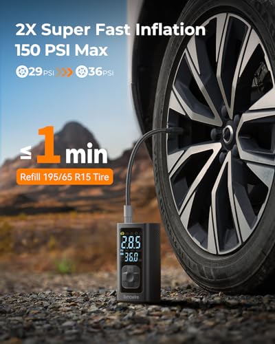 Image of Syncwire Tire Inflator Portable Air Compressor - 150PSI 2X Faster Inflation Smart Air Pump for Car Tires [Extra-Large LCD] with Digital Pressure Gauge, Auto Shut-Off for Car, Motorcycle, Bike & Balls