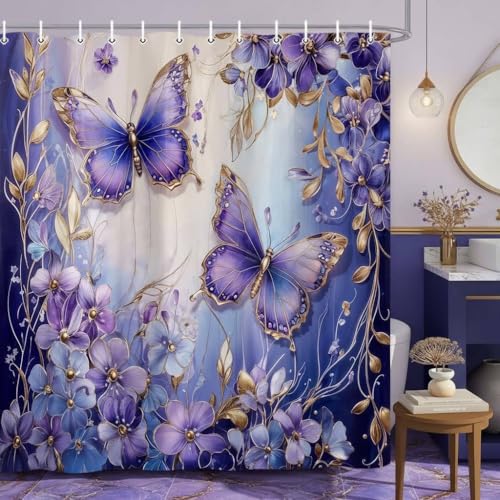 BSRAMZ Purple Floral Butterfly Shower Curtain Modern Flower Shower Curtains for Elegant Chic Women Bathroom Decor Abstract Fabric Cloth Waterproof Bath Curtain with Hooks 72x72 inch