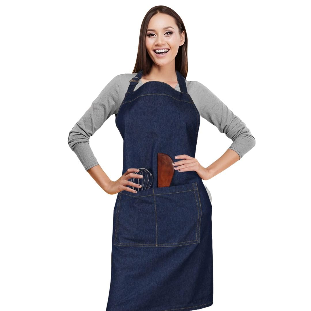 DineNest Unisex Adjustable Bib Denim Apron for Family Chef, Kitchen, BBQ and Studio - Washable Cooking Apron for Kitchen and Home - Multi Pockets Art