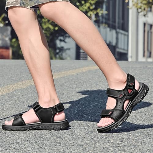 MILDSEVEN Men's Open-Toe Real Leather Sandals, Fashion Sports Hiking Sandals, Hollow Out Backpacking Beach Shoes,8.5,Black3