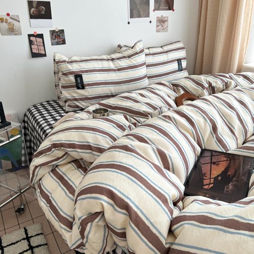 Image of Striped Duvet Cover Queen Size Brown Blue Stripes Bedding Set Retro Striped Geometric Pattern Duvet Cover Set Soft Lightweight Microfiber Quilt Cover with Zipper Closure and 2 Pillowcases