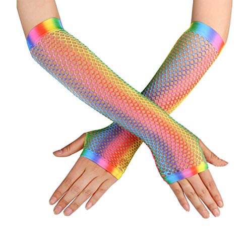 2 Paar fingerlose Fischnetz-Handschuhe in Regenbogenfarben, 80er-Jahre-Ärmel, farbenfrohes Kostüm-Zubehör für Mädchen und Damen, 80er-Jahre-Disco-Verkleidung, Punk Mottoparty Cover