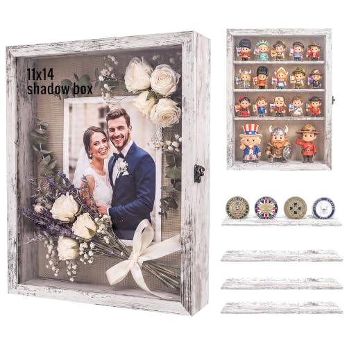 Image of GMFrames 11x14 Wooden Shadow Box Frame with Removable Shelves Deep Display Case for Military Medals Keepsakes White