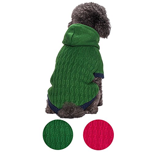 Blueberry Pet 2 Colors Warm Fleece Twist Cable Knitted Pull Over Hooded Dog Sweater in Sea Green, Back Length 16
