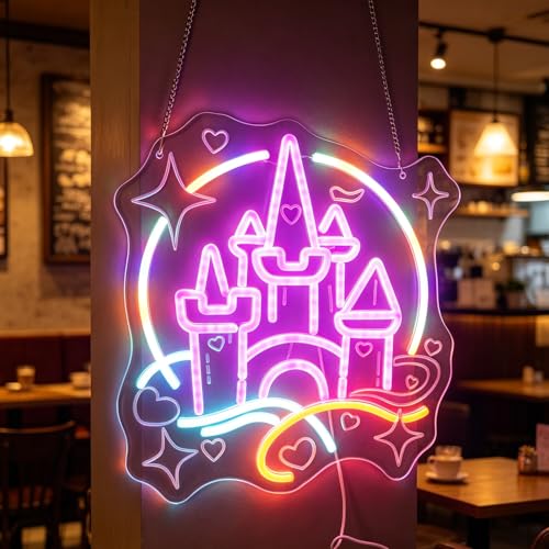 Image of Magic Castle Fairy Tale Neon Light - Princess Pink Blue LED Wall Lamp for Girls Bedroom Decor, Dimmable USB Night Light with Hanging Kit, Enchanted Birthday Party Wall Art Gift for Kids