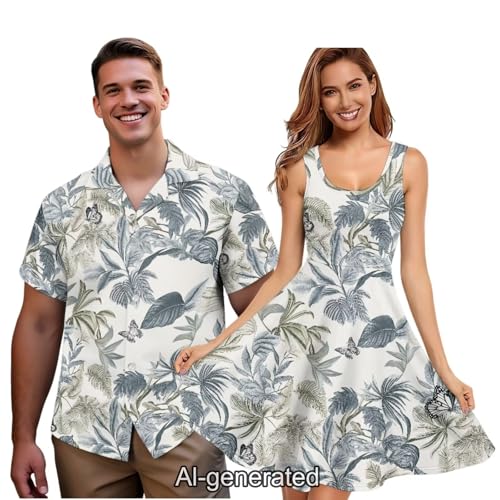 Image of Dreaweet Summer Dresses for Women A-Line Sleeveless Flowy Sun Dresses,Men's Casual Button-Down Shirts,Couple Matching Outfits