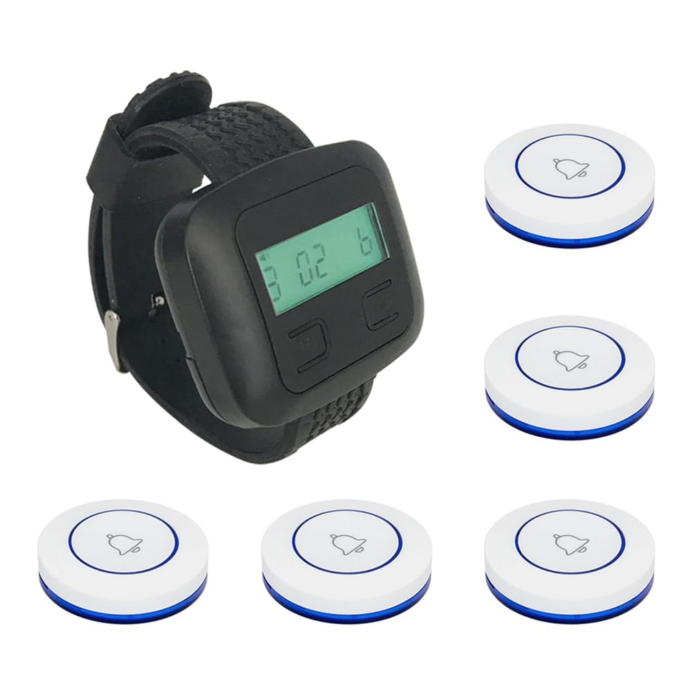 XUJIAN Wireless Restaurant Calling System 5Table Call Button Transmitters 1Watch Pager, Restaurant Waiter Service Bell Buzzer B