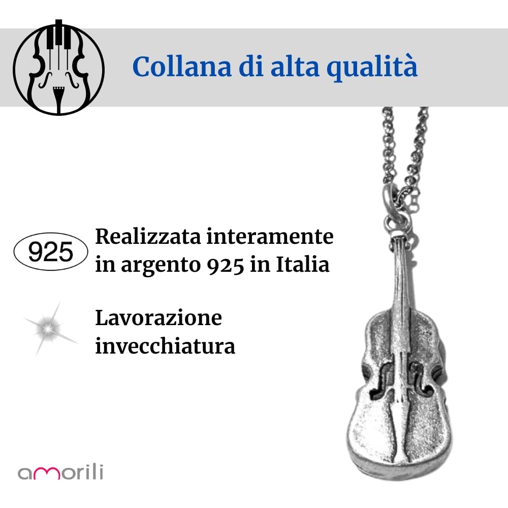 Collana con Violino in Argento 925 Invecchiato – Gioiello Musicale Unisex, Idea Regalo per Musicisti, Amanti della Musica e Strumenti a Corda - cll2152