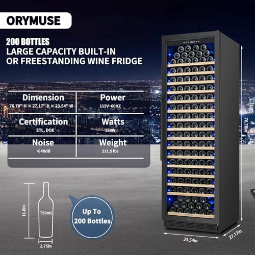 Image of ORYMUSE 200 Bottle Upgrade Wine Cooler Refrigerator - 24 Inch Large Capacity Wine Fridge Built-In Freestanding, with Quiet Compressor, Professional Temperature Control & Wine Cellar - Black