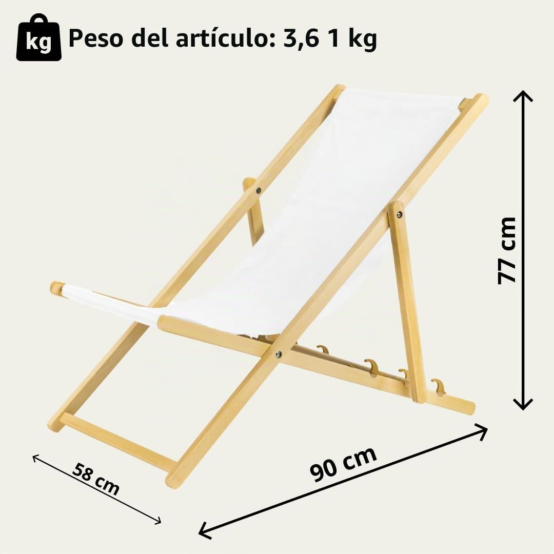 BAS Tumbona Plegable de Madera con Sistema de Seguridad, 2 Unidades, Color Blanco