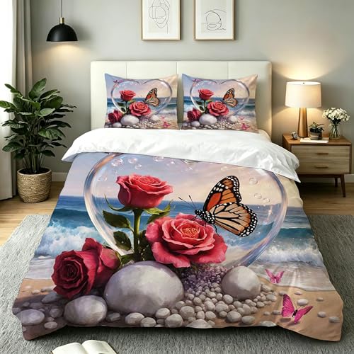 Gumntun Funda Nordica Cama 150-220x240 cm Flores de Colores, 3 Piezas Transpirable Microfibra Juego de Ropa de Cama, Exquisito Realista 3D Funda de Edredón para Dos Personas_B19547