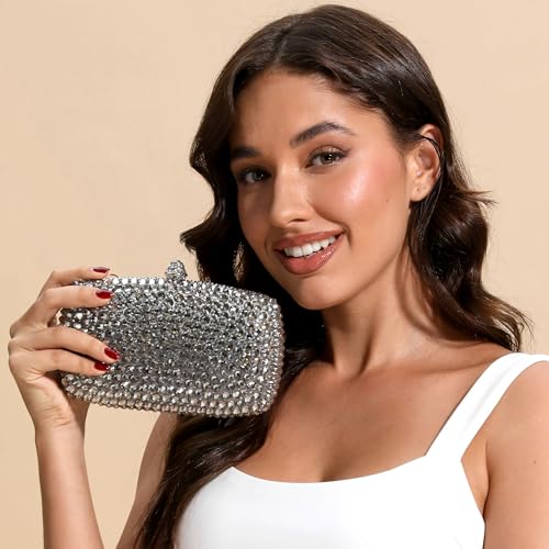 Image of Boutique De FGG Mini Crystal Clutch Purse for Women Formal, Spikes Rhinestone Clutch Evening Bag, Wedding Party Handbag