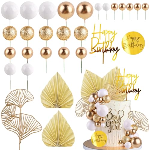 30 peças decoração para bolos boémios, boho decoração de bolo, bolas decorativas em ouro e branco, Cake Toppers folhas de palma douradas para DIY aniversário, casamento festa, aniversário