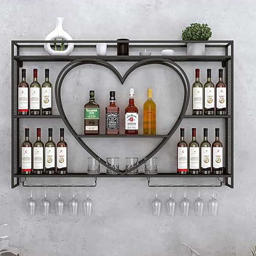 Portabottiglie Da Parete Moderno Con Porta Calici - Scaffale Bar In Metallo, Nero, 120x15x80 Cm