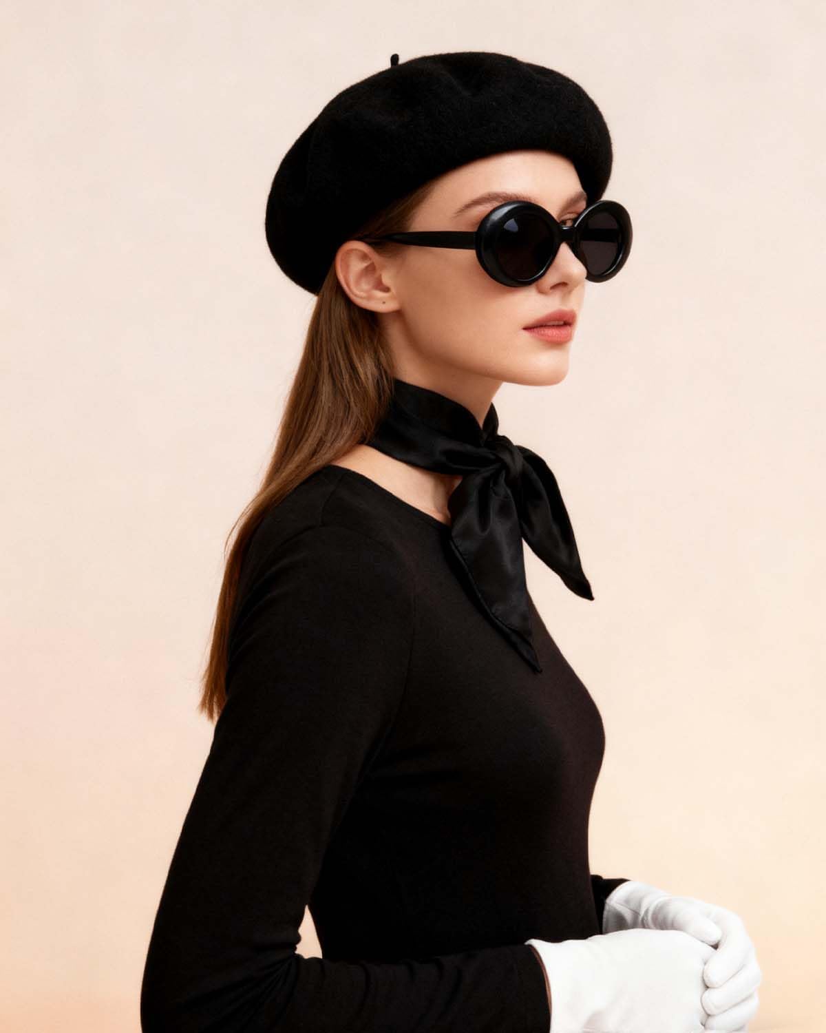 French Beret Hat Set,4 Pcs Solid Color Wool Beanie Hat with Chiffon Scarf Gloves Retro Sunglasses for Fancy Dress Costume - Image 6