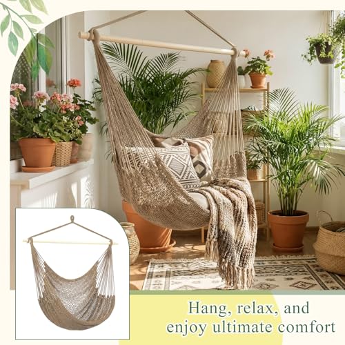 Barydat 2 Pcs Hanging Hammock Chair Boho Swing Chair Outdoor Indoor Comfy Soft Cotton Rope Weaving with 40 Inch Detachable Metal Bars for Backyard Living Room Garden, 270lb Capacity (Brown) by Barydat - Image 4