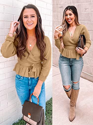 Zesica Women's Wrap V Neck Long Batwing Sleeve Belted Waist Ruffle Knitted Sweater Pullover Top,Camel,Medium #TOP6