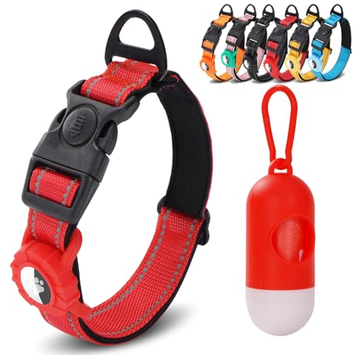 JSXD AirTag Dog Collar, Night Reflective Nylon Dog Collar for Small Medium Large Dogs,Lockable Quick Release Buckle,Padded Breathable Pet Collar with AirTag Holder (Red, Small)
