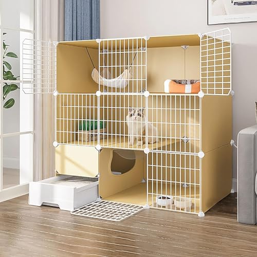 Cage d'intérieur pour chat anti-projections avec bac à litière et parc sécurisé