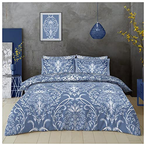 Lions Damask Blue Bedding Set - 4 Piece Double Duvet Cover with Pillowcase and Fitted Sheet, Soft Reversible Quilt Covers, Reversible Poly Cotton(1 Duvet Cover, 2 Pillow Case, 1 Bed Sheet) Lions Damask Blue Bedding Set - 4 Piece Double Duvet Cover with Pillowcase and Fitted Sheet, Soft Reversible Quilt Covers, Reversible Poly Cotton(1 Duvet Cover, 2 Pillow Case, 1 Bed Sheet)