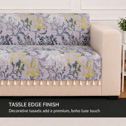Image of STITCHNEST 'Frostvine Collection' 2 Seater Sofa Cover - Full Coverage| Cotton Quilted Fabric, Decorative Tassels, Washable & Durable for Modern Living