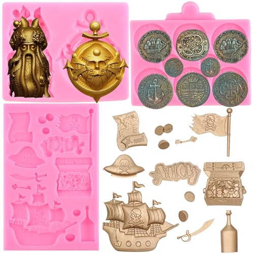 RFGHAC ​​Piraten-Silikonformen Schatztruhe Münze Schokoladen-Fondant-Formen Piratenflagge Landkarte Anker-Formen zum Dekorieren von Kuchen Blütenpaste Süßigkeiten Polymer-Ton 3er-Set